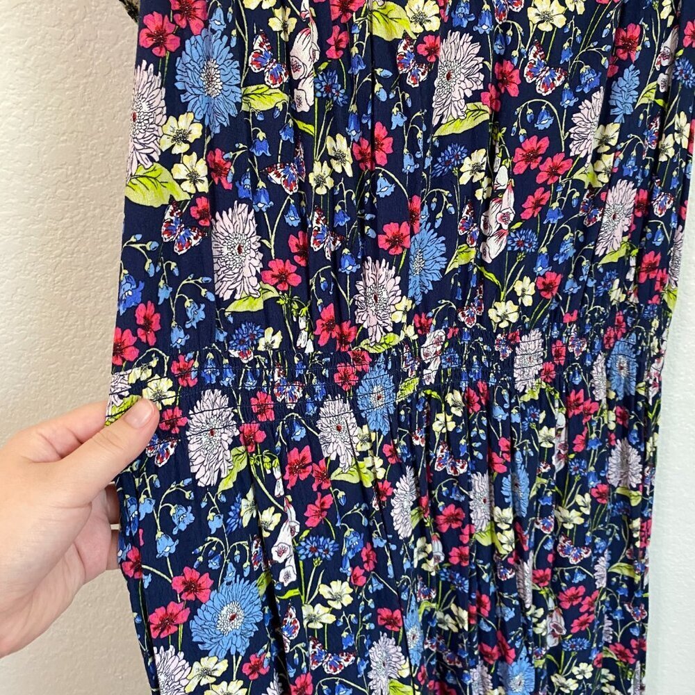 Talbots Navy Floral Butterfly Midi Dress 2X Tea Length Flutter Sleeve Viscose - Picture 4 of 7